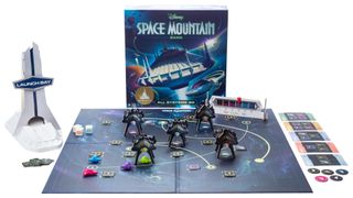 Space Mountain: All Systems Go board, box, and tokens on a plain background
