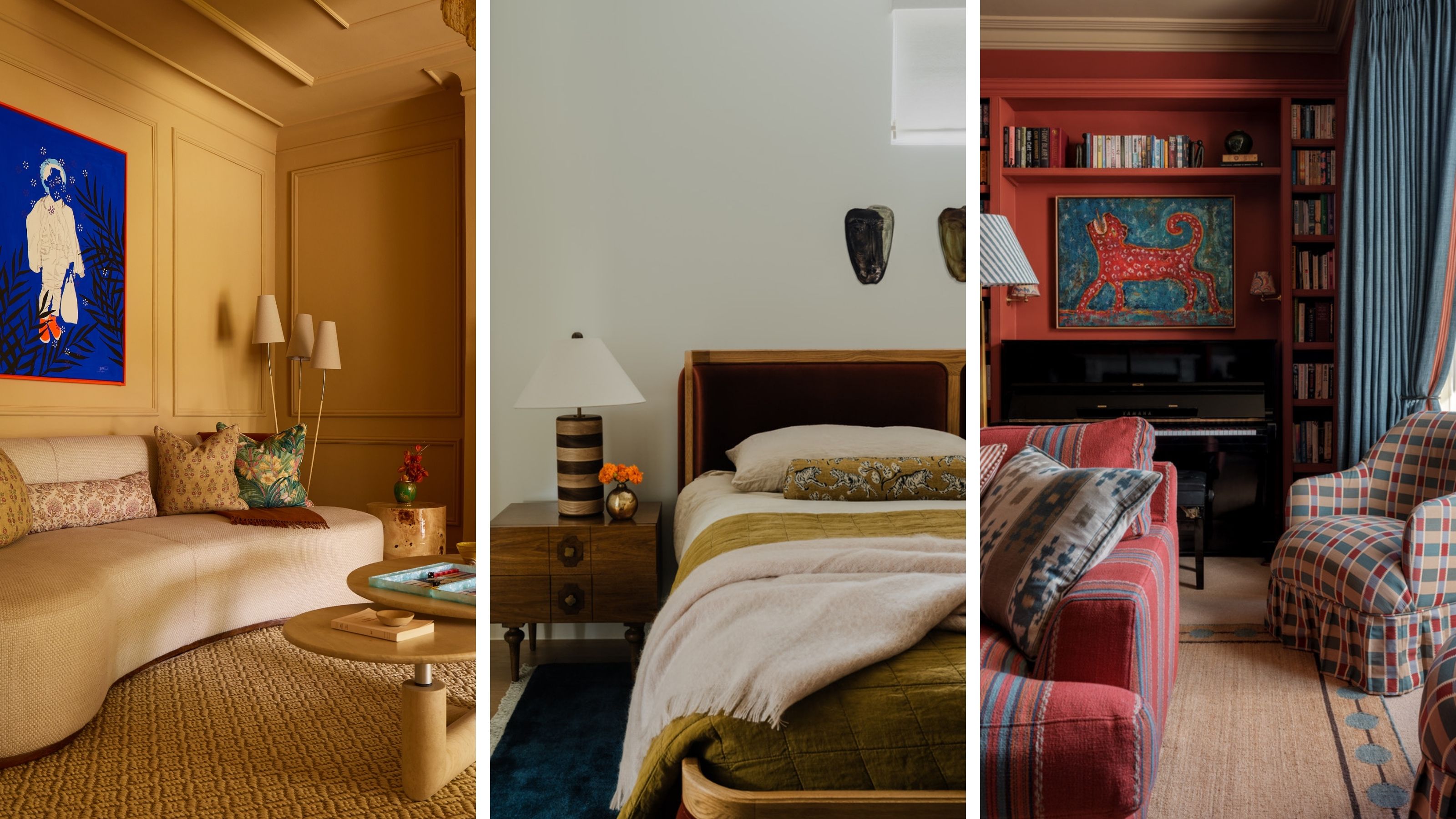 Yellow luxurious living room with curved sofa, autumnal bedroom with wooden bed, and a red living room with gingham armchairs and red striped sofa.