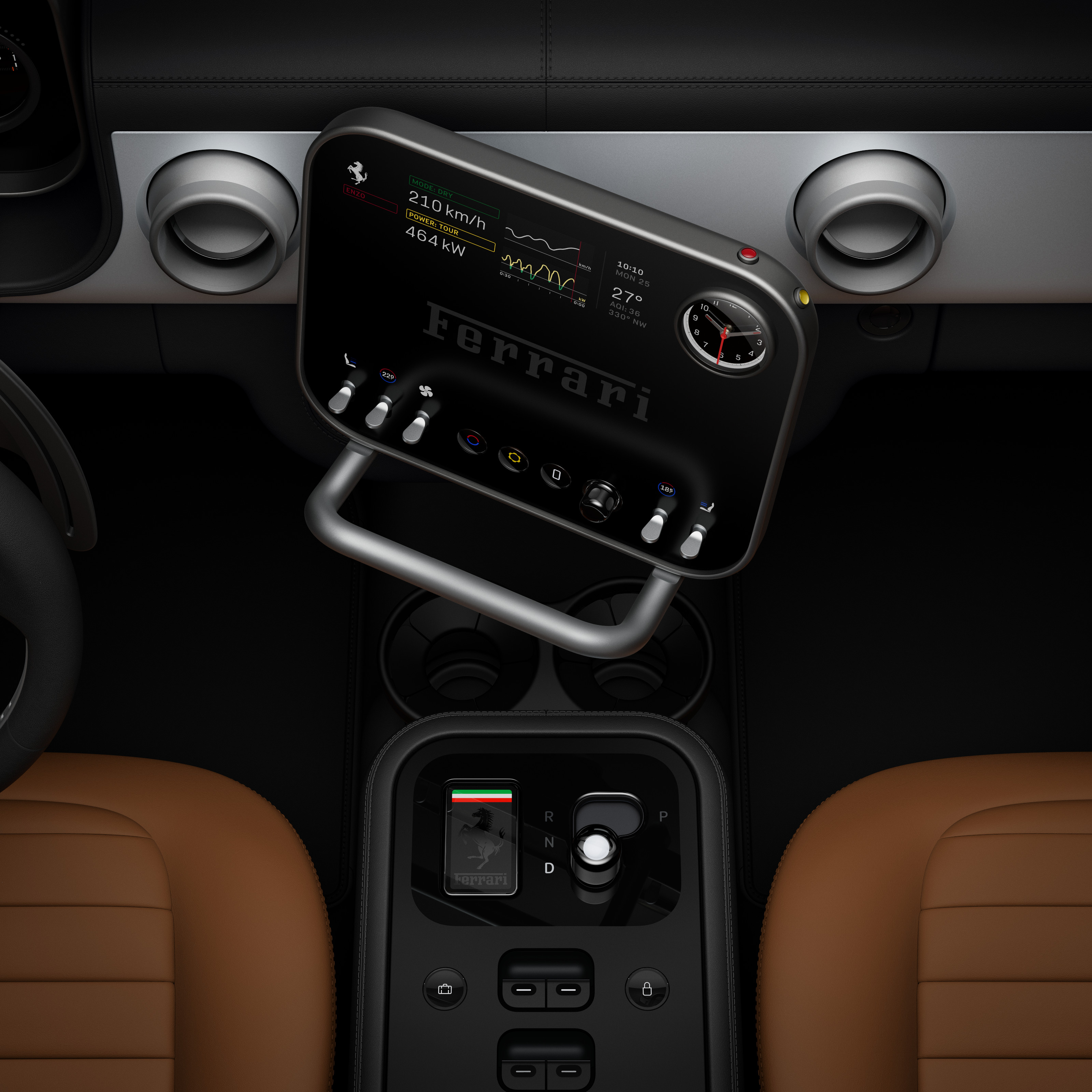 The interior of the new Ferrari Luce EV, showing the centre console and control panel