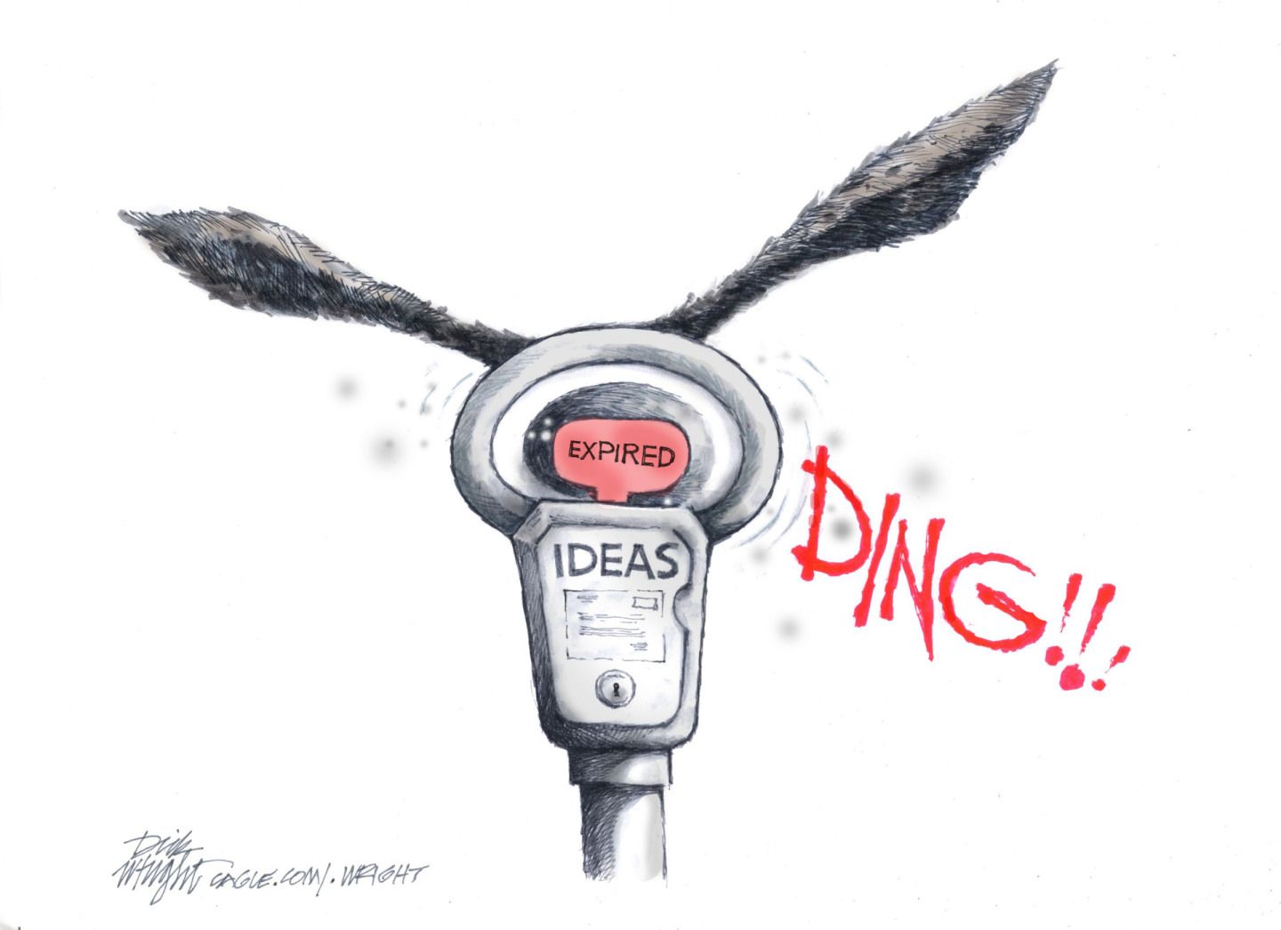 
                                This cartoon depicts a parking meter labeled &quot;IDEAS&quot; with two donkey ears attached.  The sound &quot;DING!!!&quot; comes from the parking meter as its time expires.
                            