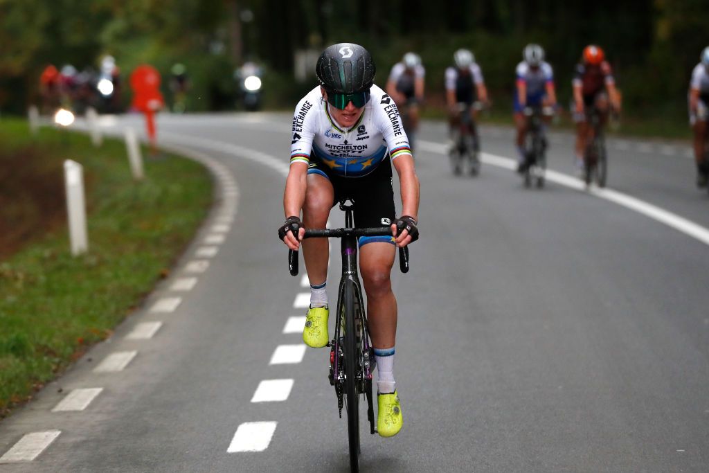 OUDENAARDE BELGIUM OCTOBER 18 Annemiek Van Vleuten of The Netherlands and Team Mitchelton Scott European Champion Jersey Breakaway during the 17th Tour of Flanders 2020 Ronde van Vlaanderen Women Elite a 1356km stage from Oudenaarde to Oudenaarde RVV20 FlandersClassic on October 18 2020 in Oudenaarde Belgium Photo by Bas CzerwinskiGetty Images