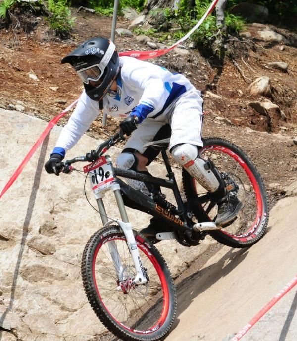 Anais Pajot heading down a rock chute.