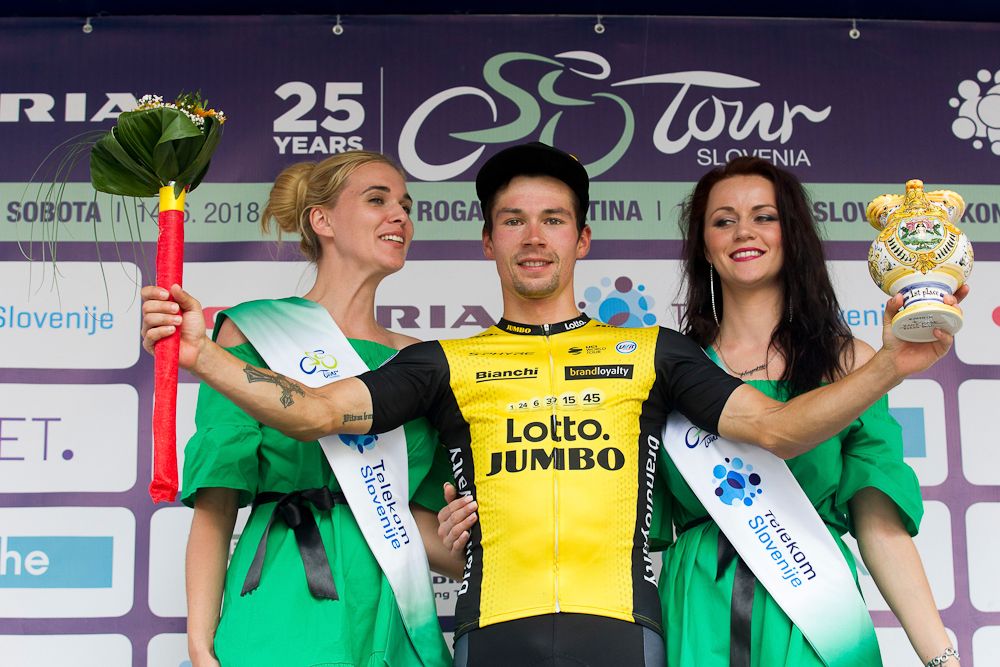 Primoz Roglic on the podium after winning stage 4 at Tour de Slovenie