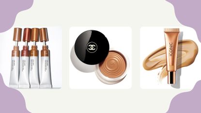 Collage of three of the best cream bronzers by Glossier, Chanel and Iconic London
