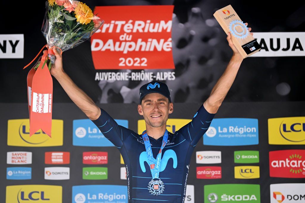 VAUJANY FRANCE JUNE 11 Carlos Verona Quintanilla of Spain and Movistar Team celebrates at podium as stage winner during the 74th Criterium du Dauphine 2022 Stage 7 a 1348km stage from SaintChaffrey to Vaujany 1230m WorldTour Dauphin on June 11 2022 in Vaujany France Photo by Dario BelingheriGetty Images