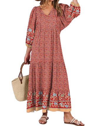 ANRABESS, Anrabess Damen Boho Maxikleid 2024 Midi Weinrot Sommer V-Ausschnitt Puffärmel Blumen Swing Lässiges langes Kleid