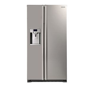 Large silver fridge freezer full length double doors with ice dispenser