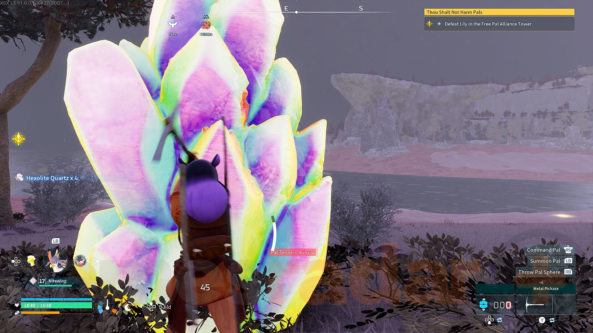 A player character mines Hexolite Quartz in Palworld.
