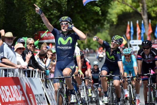 Juan Jose Lobato celebrates his win during stage 2 of the Tour Down Under.