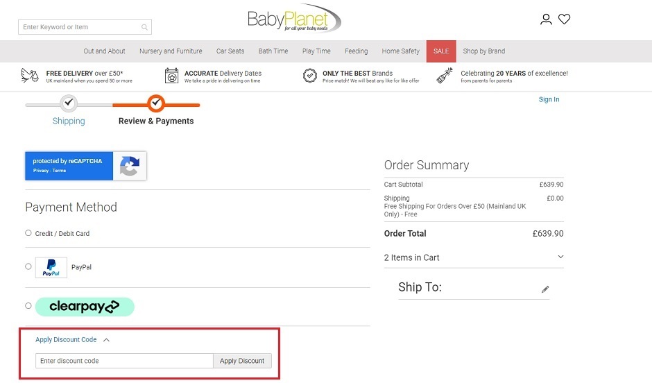 Baby planet web page showing where to apply discount code