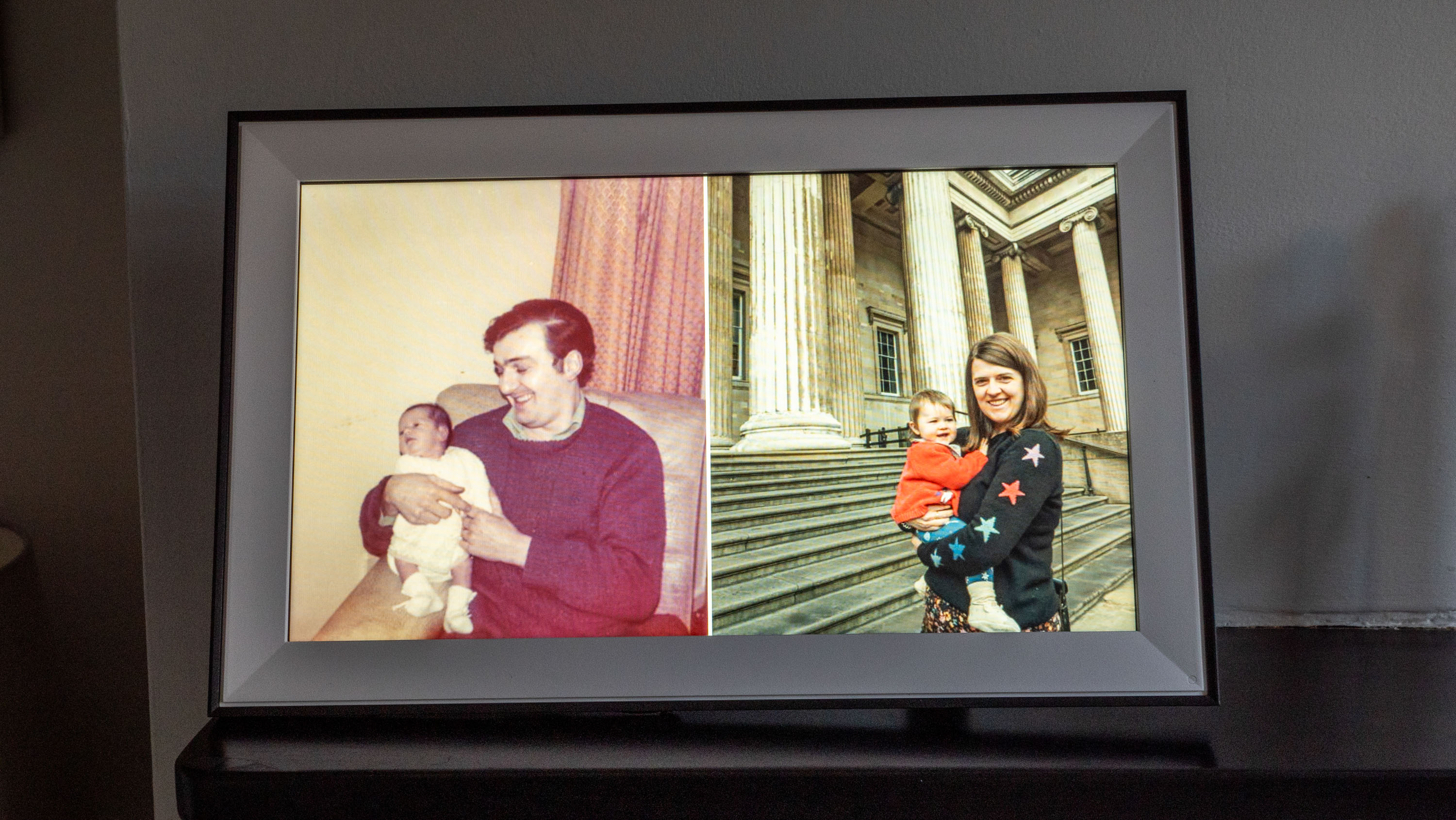 The DragonTouch Classic 15 Pro digital photo frame showing two images