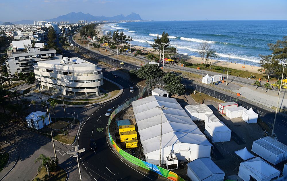 The tents are up for the Olympic Games road race in Fort Copacabana