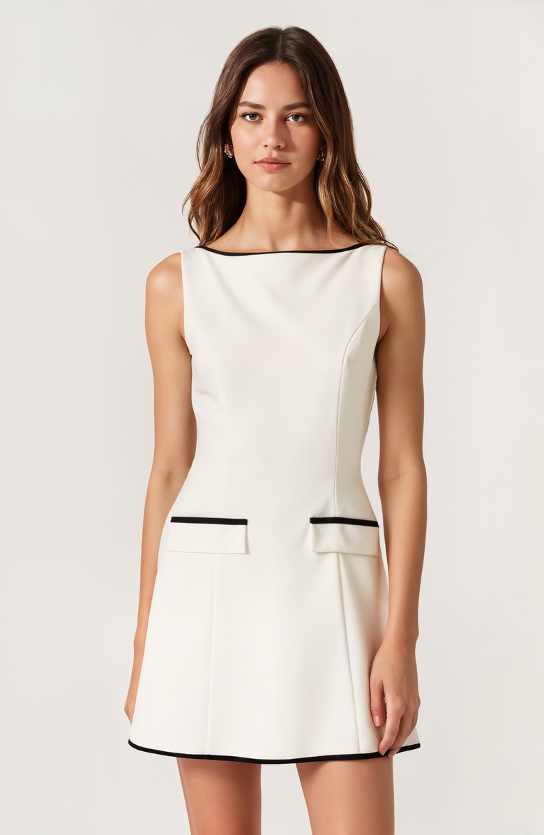Sleeveless A-Line Mini Tunic Dress With Contrast Trim and Front Welt Pockets