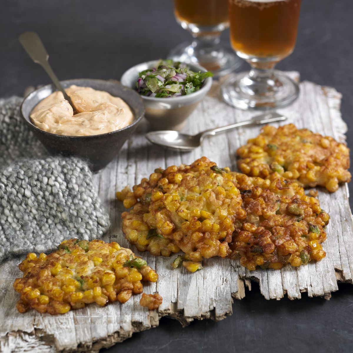 Sweetcorn Fritters with Harissa Yogurt and Lime Salsa Dinner Recipes