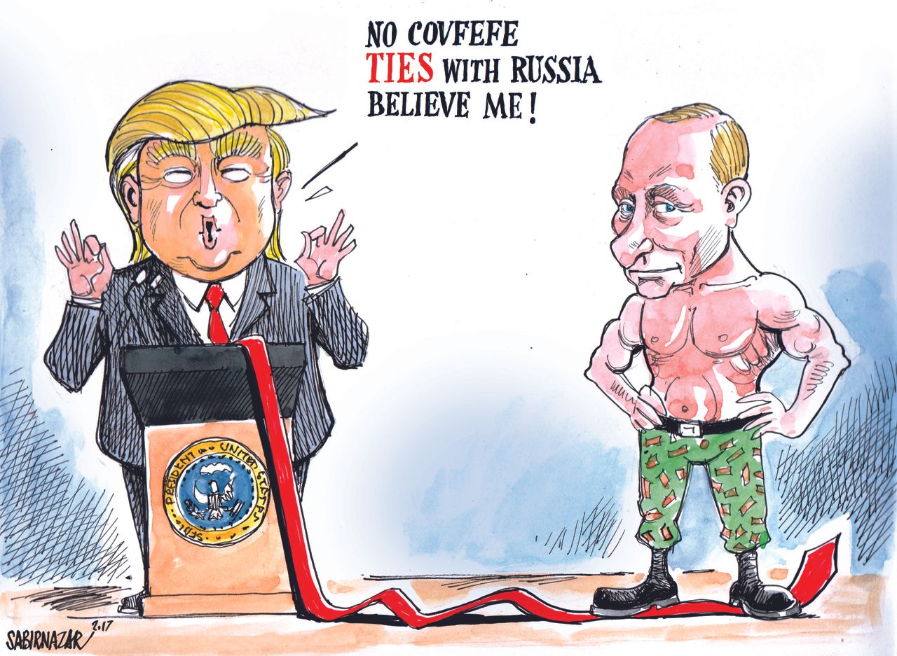 Political cartoon U.S. Trump Russia ties covfefe