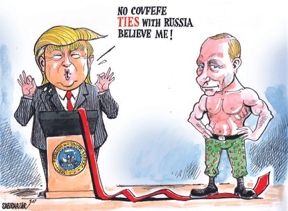 Political cartoon U.S. Trump Russia ties covfefe