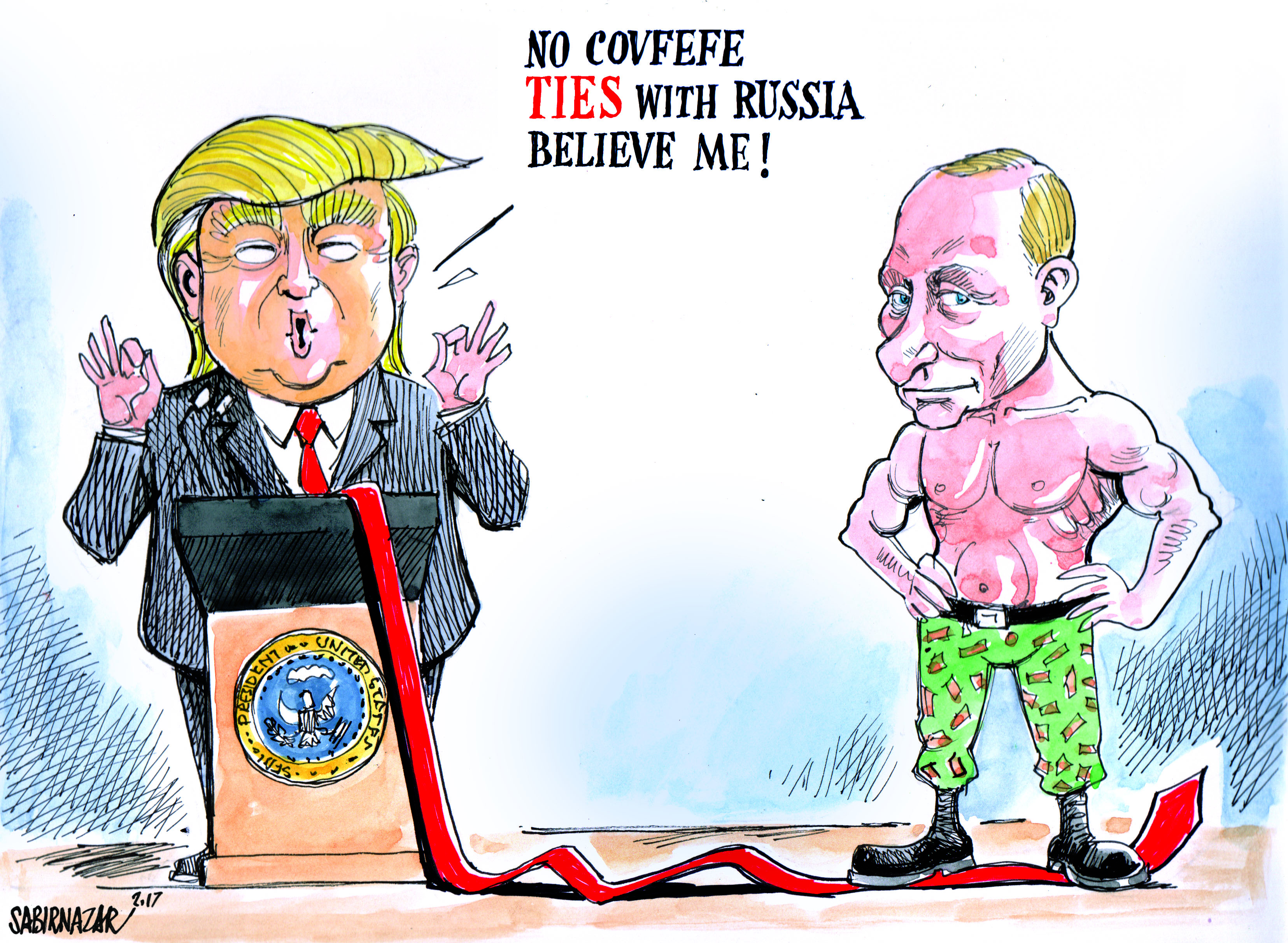 Political cartoon U.S. Trump Russia ties covfefe