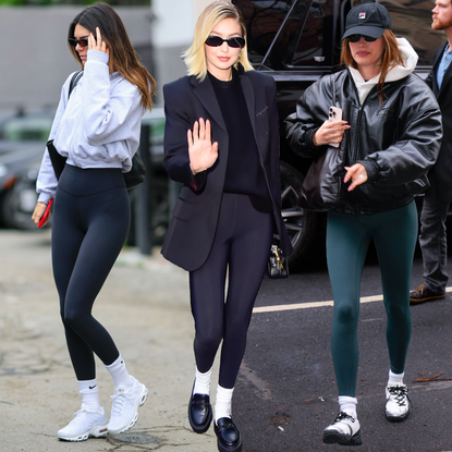 Photo collage of kendall jenner, hailey bieber, and gigi hadid wearing alo yoga leggings