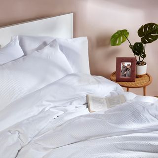 bedroom with white bed and frame plant on stool