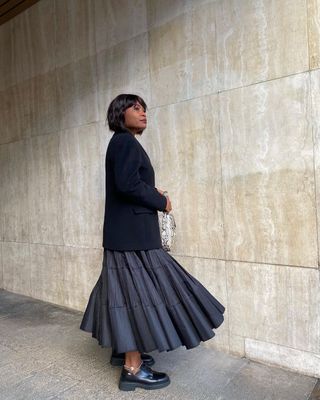Loafers with midi skirt and blazer jacket