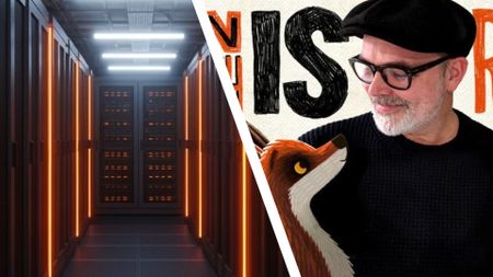 Split image showing a data centre and illustrator Rob Biddulph