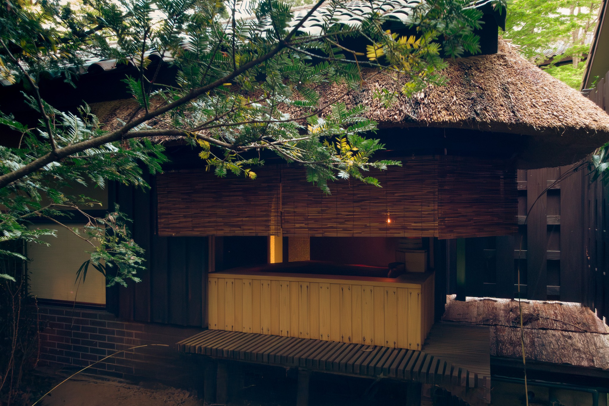 A luxury Japanese hotel boasting warmly lit interiors and traditional decor while being totally immersed in nature.