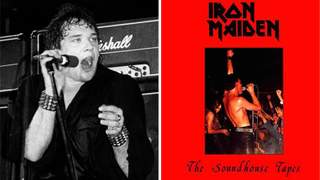 Photos of Paul Di'anno performing onstage in 1980, and the cover of Iron Maiden's Soundhouse Tapes