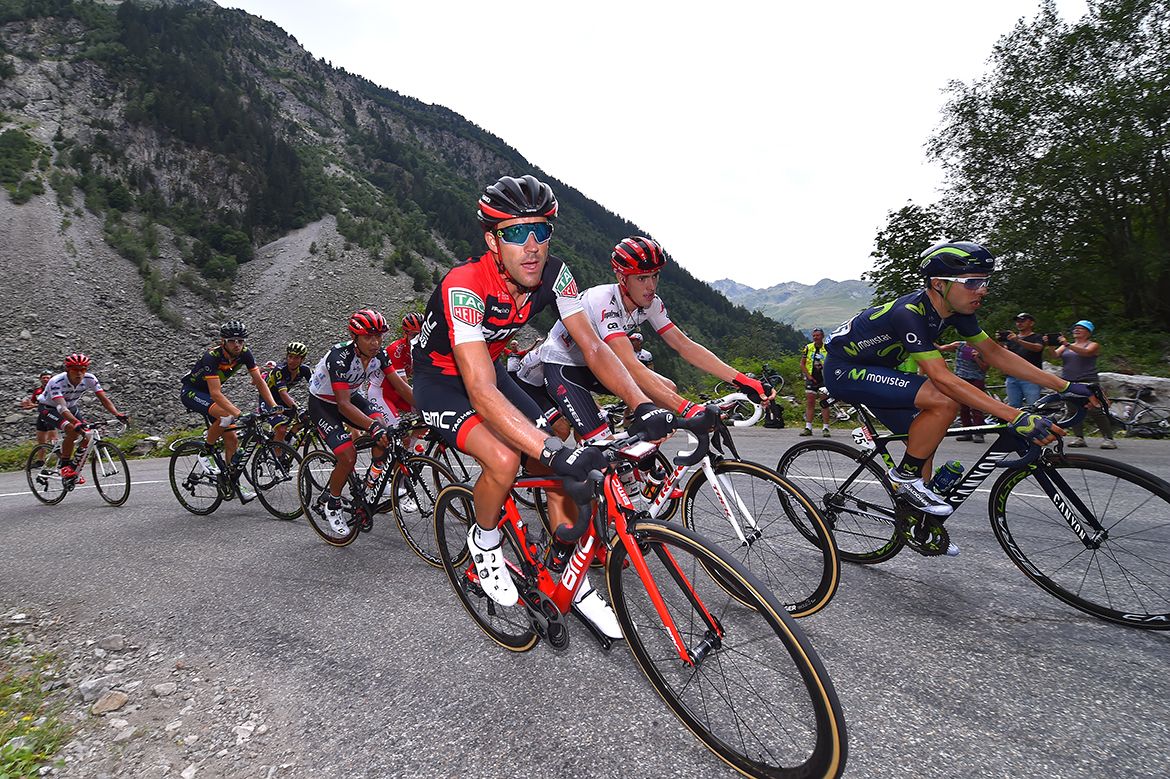 Amael Moinard rounds on corner on stage 17 of the Tour de France.