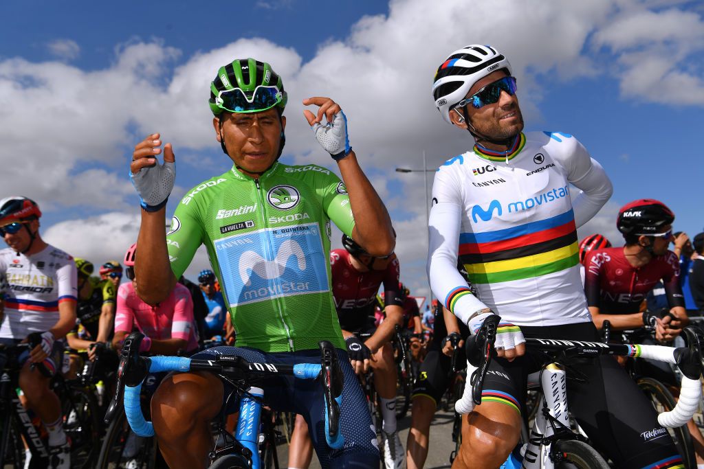 Movistar teammates Nairo Quintana and Alejandro Valverde at the start of stage 17