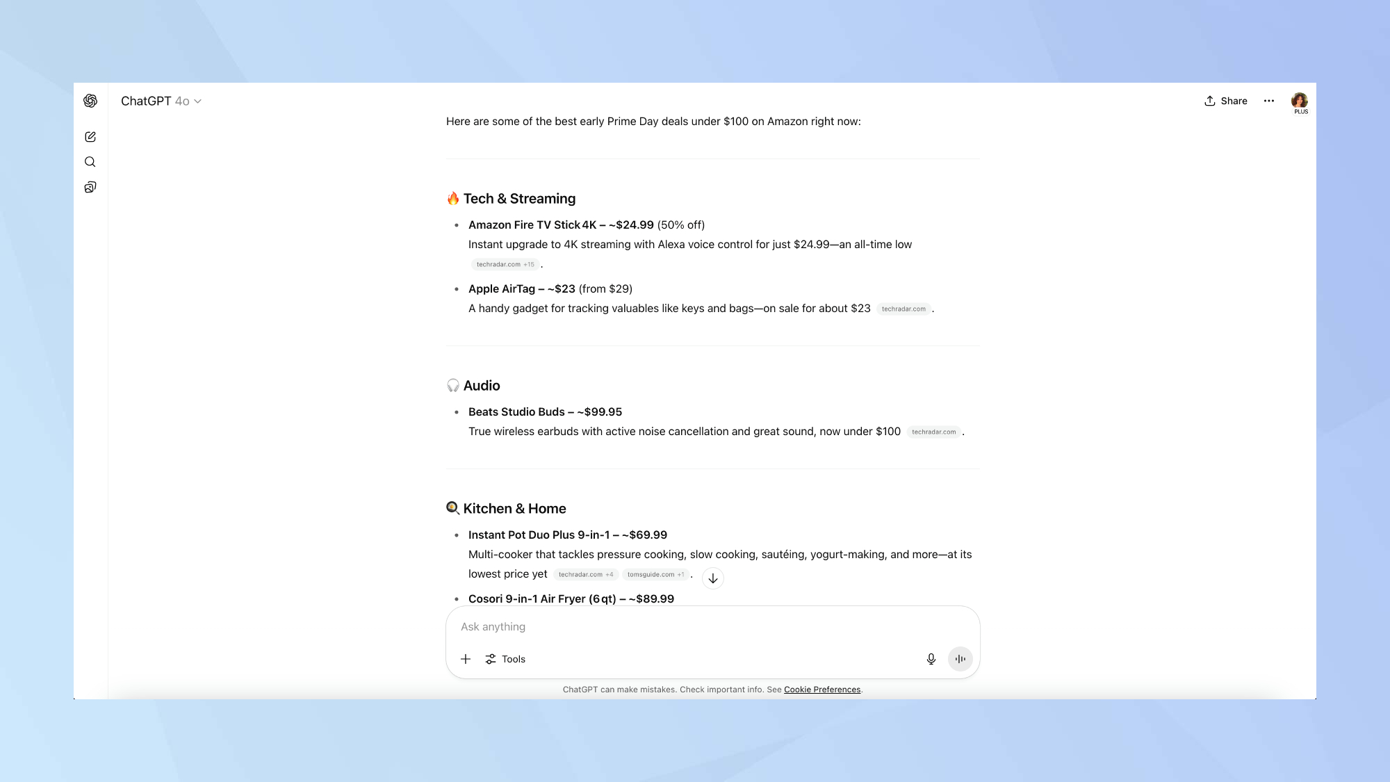 ChatGPT best early Prime Day deals under $100 prompt