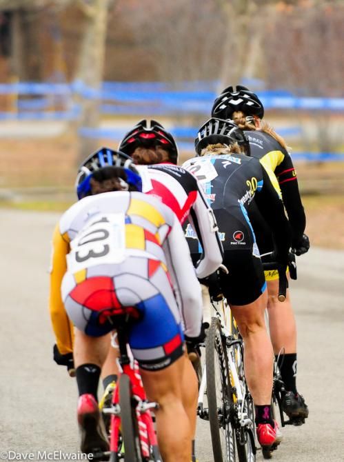Elle Anderson (Ladies First Racing) leading three other road racers on the front of the race