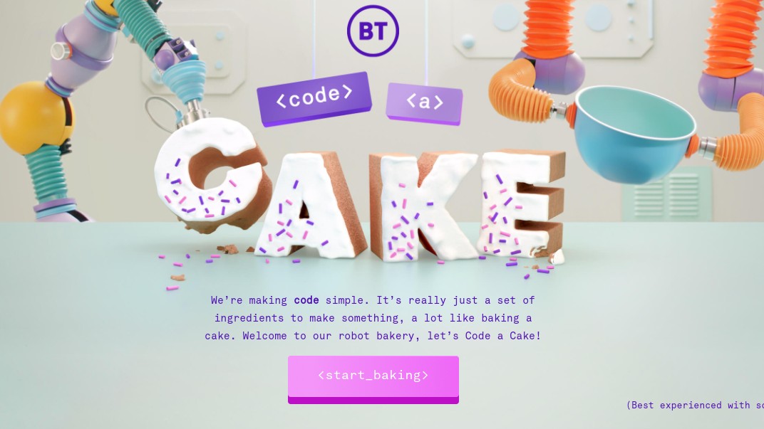 Illutration of robots baking a cake at Code a Cake, provider of some of the best online coding courses