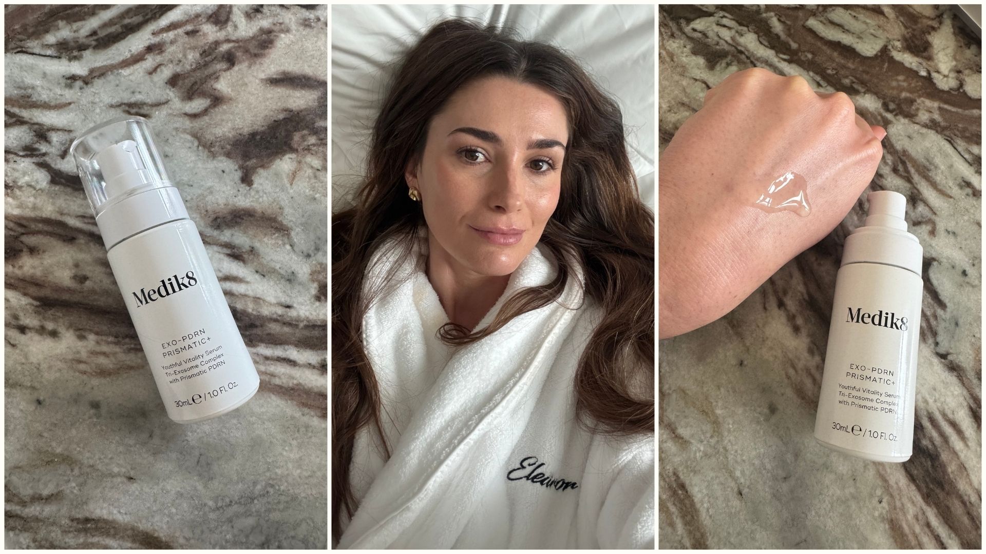 A collage featuring the new Medik8 Exo-PDRN serum and a selfie of Eleanor Vousden's skin