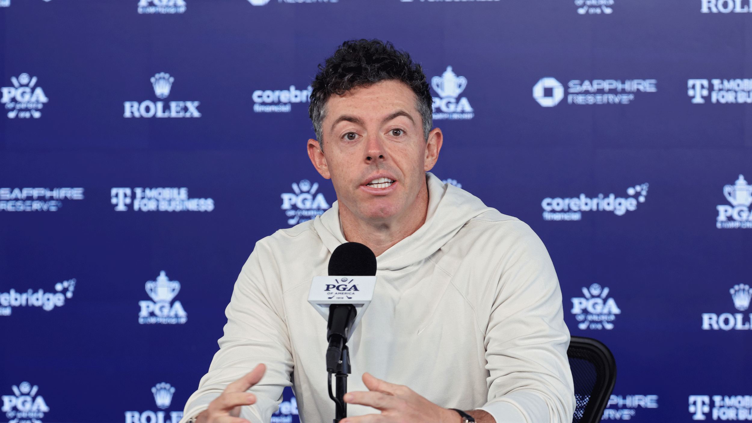 Rory McIlroy speaks in his pre-PGA Championship press conference at Aronimink