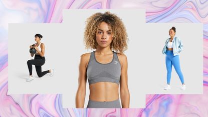 A composite image of three different pieces in the Gymshark Black Friday sale 2021 on a multicoloured background