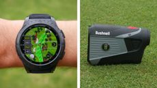 montage image of a gps watch and a laser rangefinder