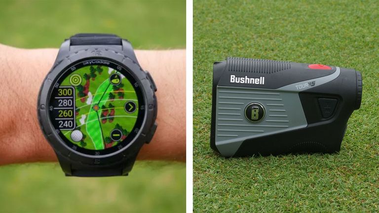 montage image of a gps watch and a laser rangefinder