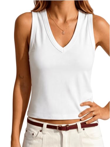 Prettywear Women's V Neck Cropped Tank Tops Cotton Blend Sleeveless T Shirt