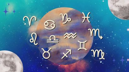 The zodiac signs and the full moon against a starry sky