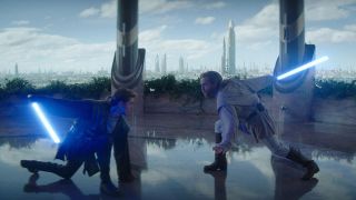 Still from the Star Wars T.V. show Obi-Wan Kenobi (2022). Here we see Obi-Wan Kenobi fighting Anakin Skywalker. They are both crouched, holding a blue lightsaber each.