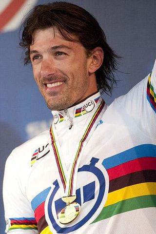 Golden Fabian: Fabian Cancellara (Switzerland) on the podium after winning gold by more than a minute in the men's elite time-trial.