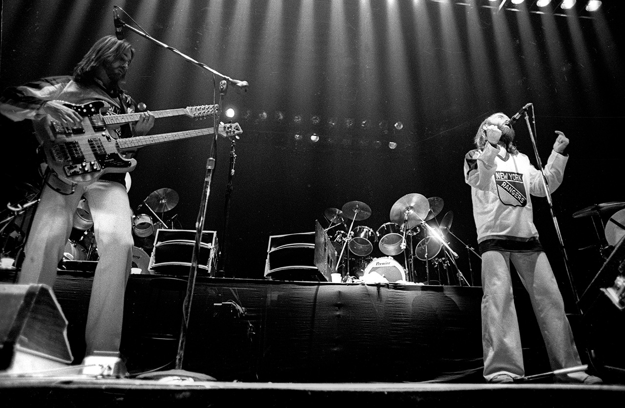 Genesis perform at Madison Square Garden in New York on February 23 1977 (Photo by Richard E. Aaron/Redferns)