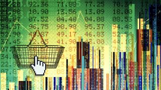 A graphic with a chart going up to show financial performance with a shopping basket icon