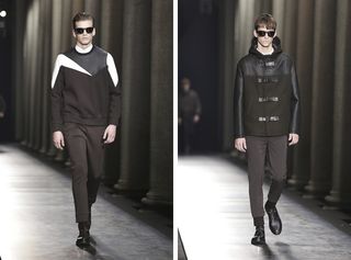 Split picture or two models walking down catwalk - left side model wearing black trousers and jumper / right side wearing black trousers and coat