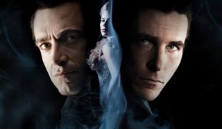 The Prestige Hugh Jackman Scarlet Johansson and Christian Bale's faces loom over smoke and darkness