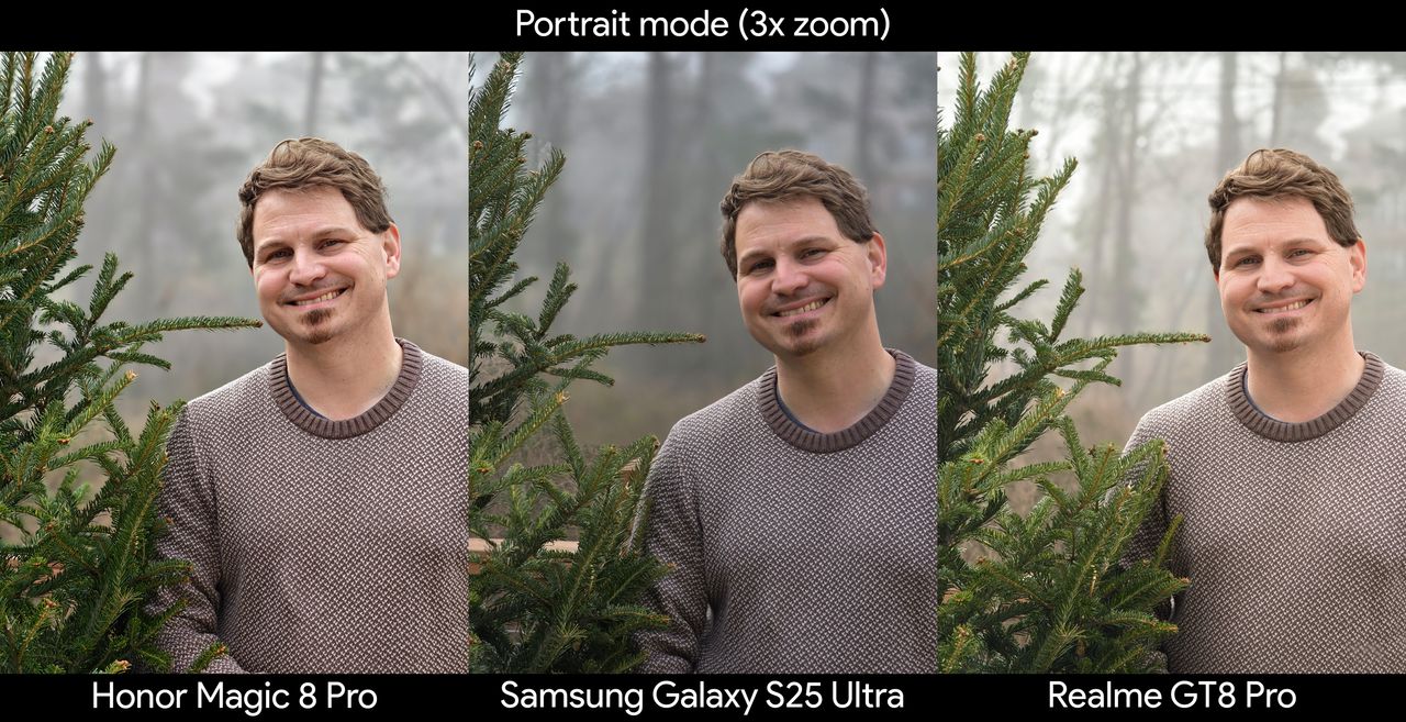 Comparing portrait modes at 3x zoom between the Honor Magic 8 Pro, Samsung Galaxy S25 Ultra, and Realme GT8 Pro