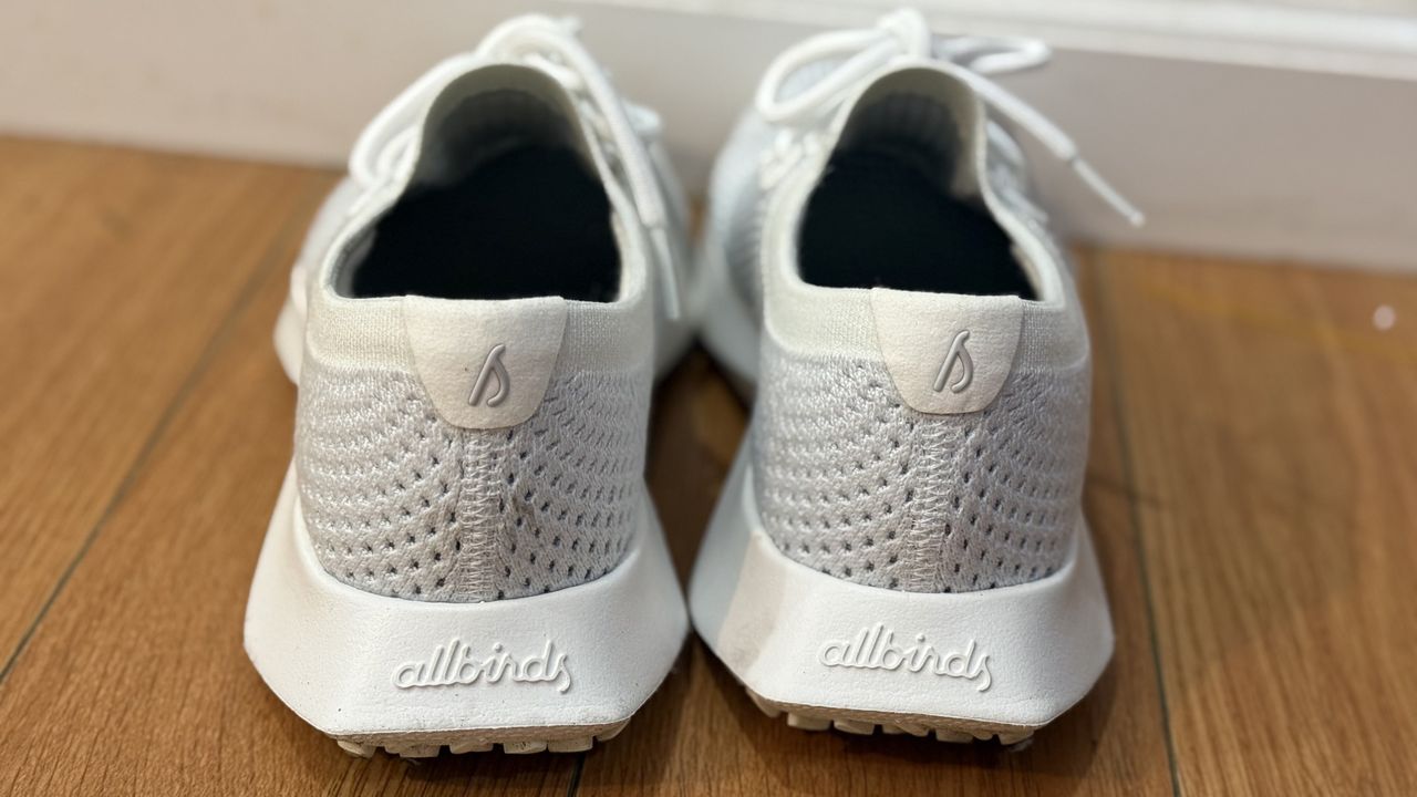White and grey Allbirds Tree Dasher 2 sneakers on a wooden floor lined up against a white wall.