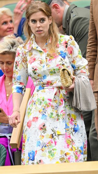 Princess Beatrice of York wears a floral dress as she attends day nine of the Wimbledon Tennis Championships 2024
