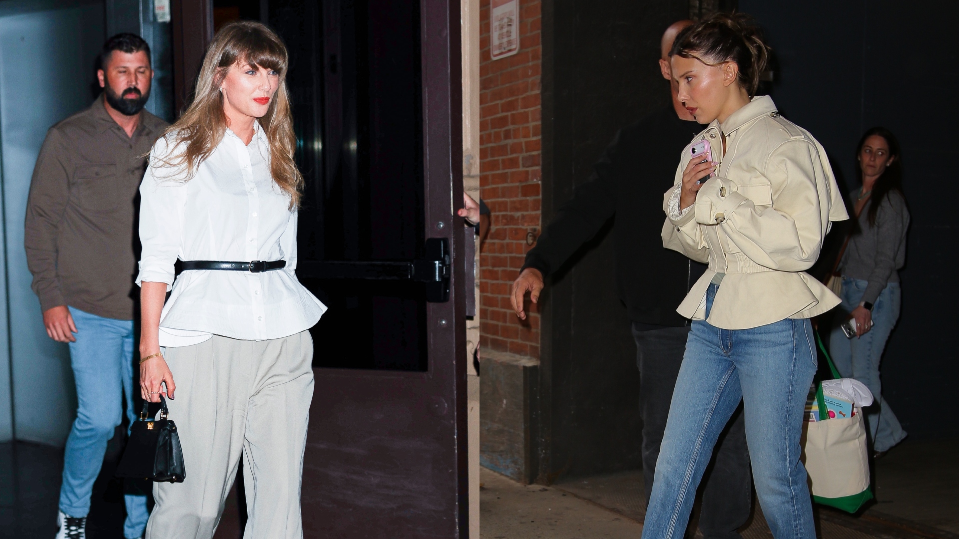An image of the peplum fashion trend, as seen on Taylor Swift and Millie Bobby Brown.