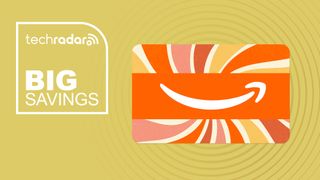 Amazon branded gift card on yellow background with big savings text overlay
